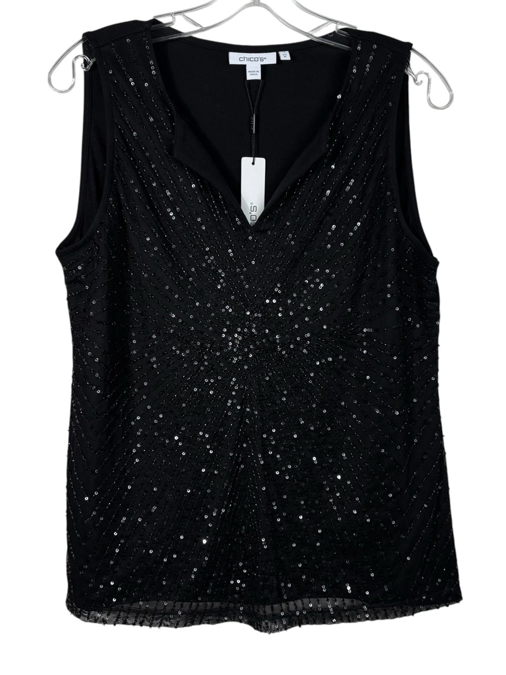 Chicos Black Sequin Beaded V-Neck Notch Tank NWT Classy Glitter Office Career M